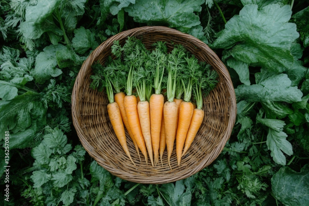 Poster freshly harvested carrots displayed in a wicker basket surrounded by green foliage in a garden setti