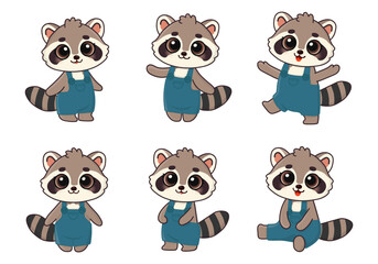Set of cute character raccoon in different poses in clothes. Drawn in cartoon style. Isolated on white background