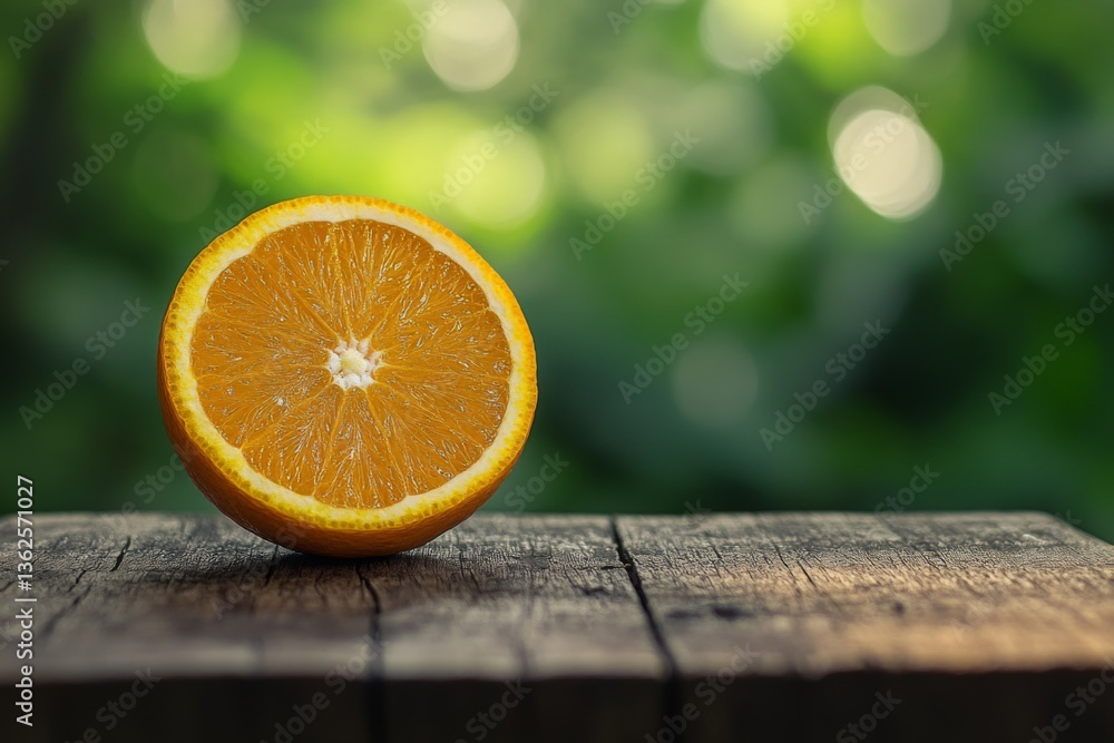 Poster freshly sliced orange resting on a wooden table surrounded by a blurred green background