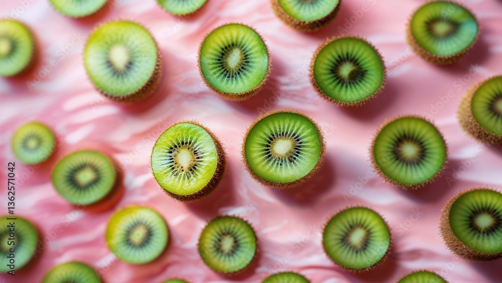 Aufkleber freshly sliced kiwi halves arranged on a vibrant pink background for an appealing visual effect