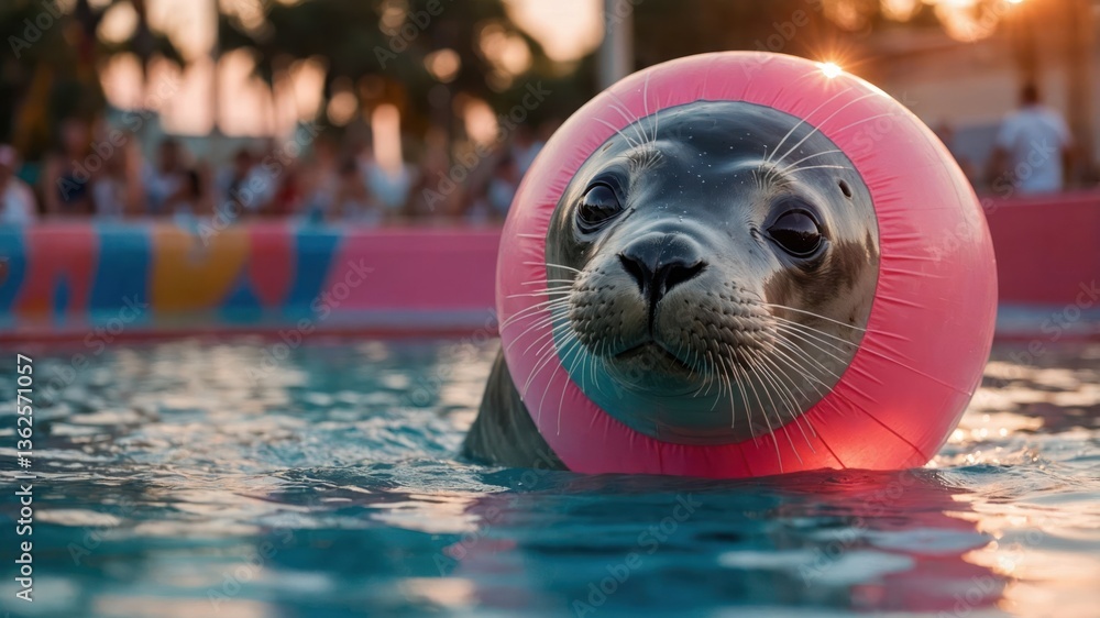 Poster a seal wearing a pink flotation ring swims in a pool with spectators in the background.