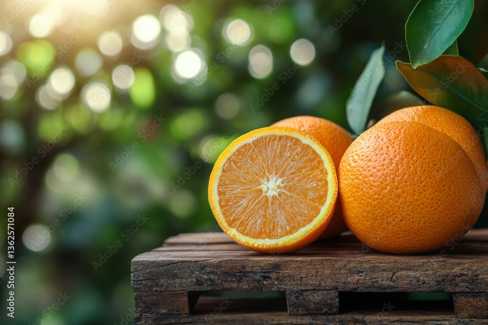 Poster Fresh oranges on wooden crate with soft sunlight shining through greenery in the background