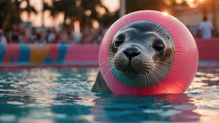 A seal wearing a pink flotation ring swims in a pool with spectators in the background.
