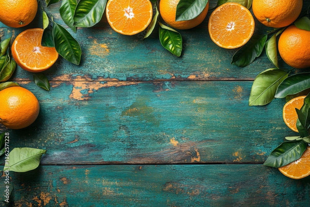 Poster Freshly cut oranges with leaves arranged on a rustic wooden table create a vibrant and inviting display