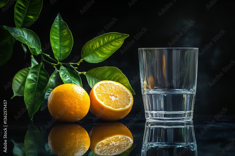 Aufkleber fresh oranges and a glass on a reflective surface with green leaves in a well-lit setting