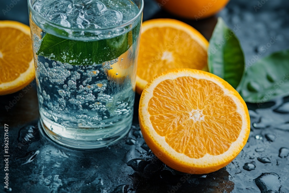 Poster refreshing drink with fresh orange slices and bubbles on a dark surface during a sunny afternoon