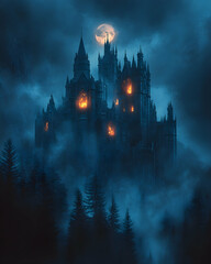 Fototapeta premium Gothic castle obscured by fog beneath a full moon, looming above dark trees