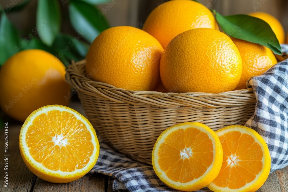 Poster fresh oranges in a woven basket with cut halves displayed on a rustic wooden table, showcasing vibra