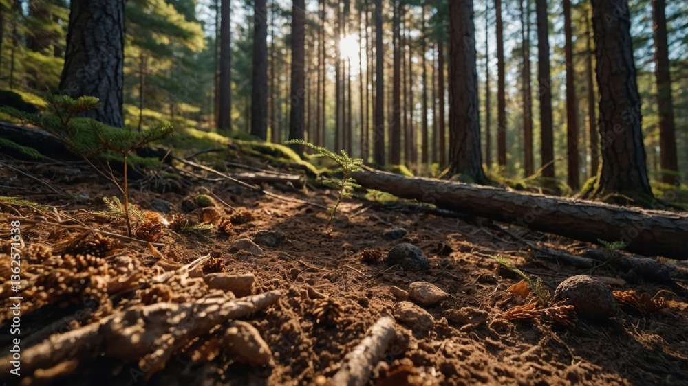 Poster a serene forest scene with sunlight filtering through tall trees and a forest floor covered in folia