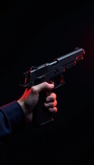 Naklejka premium Hand grasping firearm on black background with warm light glow, shadow, light