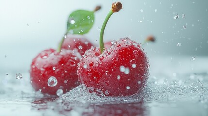 Three cherries are falling into a puddle of water