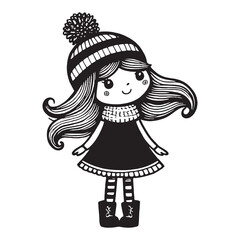 Charming Hand-Drawn Illustration of a Cute Girl in Winter Attire