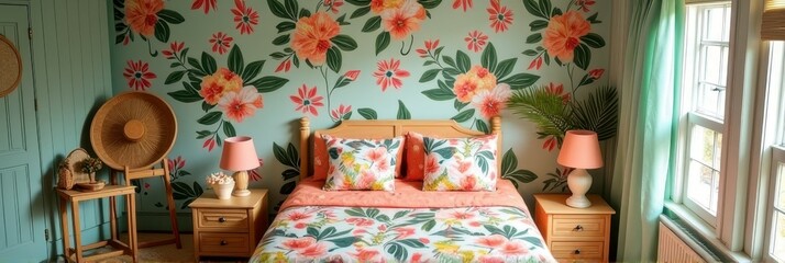 Naklejka premium Cozy bedroom with tropical floral decor and soft green accents