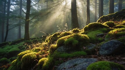 Serene forest scene with sunlight filtering through trees, illuminating mossy rocks.