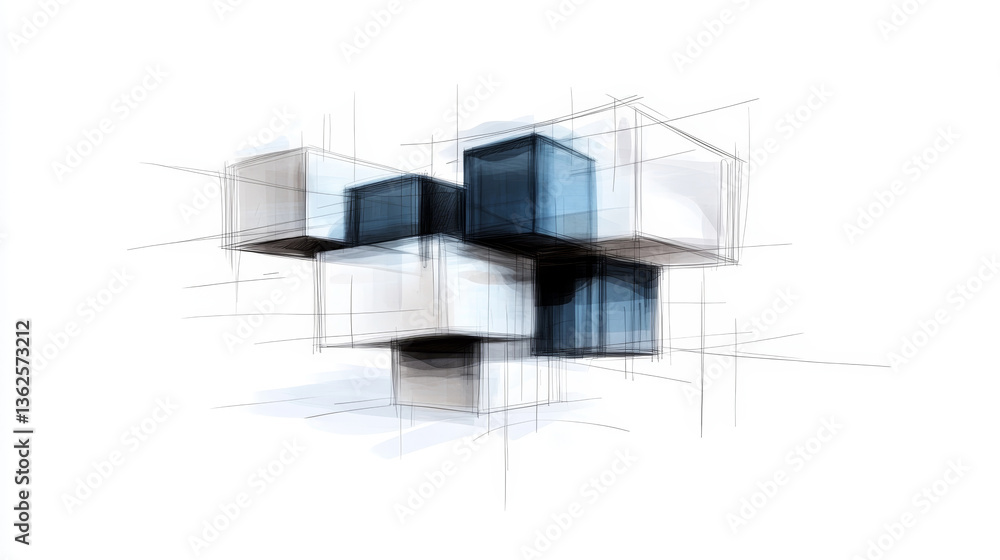 Poster abstract geometric shapes in a modern design layout showcasing a blend of white and blue cubes in a 