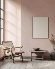 Minimalist room corner with armchair, side table, and blank frame.