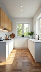 Fototapeta premium Modern White Kitchen with Wooden Accents and Parquet Floor , accessories , white kitchen