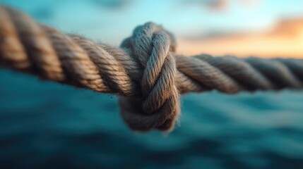 Fototapeta premium Close-up of a nautical rope knot against a blurred sunset backdrop over water. A tight knot secures the rope, suggesting strength and resilience. 