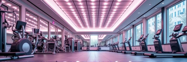 Spacious modern gym with neon lighting and exercise equipment