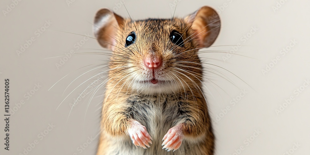 Poster cute small mouse standing upright with whiskers in a light-colored environment during a daylight set