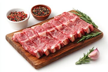 Fototapeta premium Fresh cuts of meat displayed on a wooden cutting board with peppercorns and rosemary on a white background