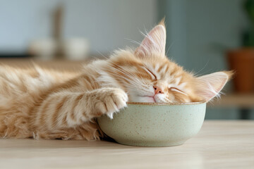Fluffy ginger kitten sleeping peacefully on a wooden table near a bowl