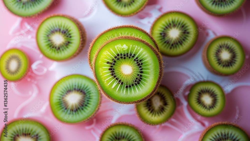 Poster colorful kiwi slices arranged on a pink background create a vibrant and fresh display perfect for su