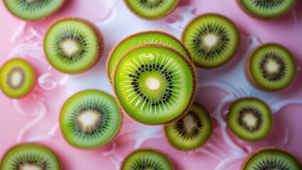 Fototapeta premium Colorful kiwi slices arranged on a pink background create a vibrant and fresh display perfect for summer desserts and healthy snacks