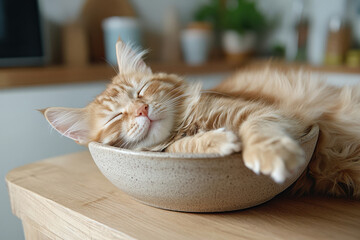 Cute ginger kitten sleeping comfortably in a bowl on wooden table