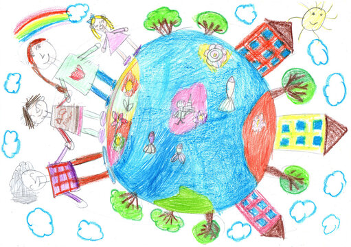 Child drawing of multicultural children holding hands around the world. Happy Children's Day. World peace. No war. Pencil art in childish style