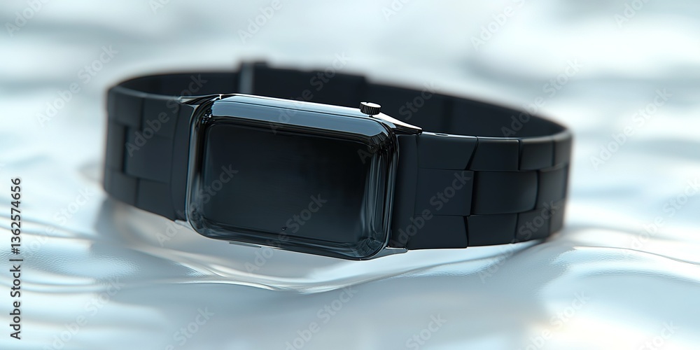 Poster modern black smartwatch rests on a shiny surface showcasing sleek design with minimalist features an
