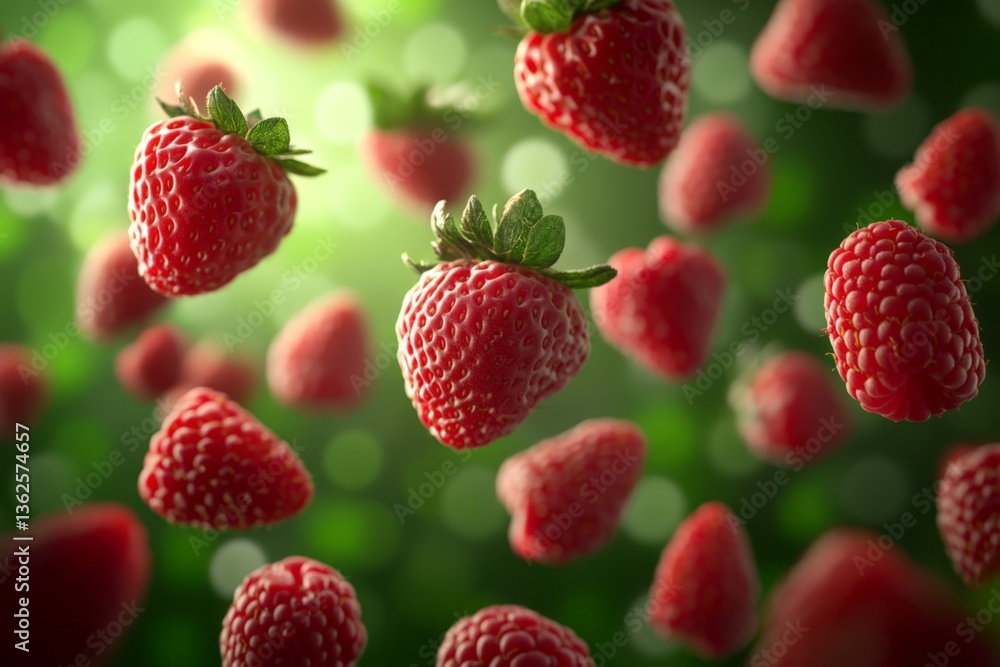 Aufkleber fresh strawberries suspended in air with vibrant green background creating a lively fruit display