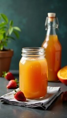 Selectively focused jar with kombucha and bottle on grey napkin, creating a shallow depth of field effect, napkin, bottle