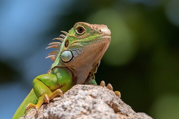 Obraz premium A stunning close-up of a vibrant green iguana perched majestically on a rock, showcasing intricate details and vivid colors, capturing the beauty of nature's creatures in their habitat.