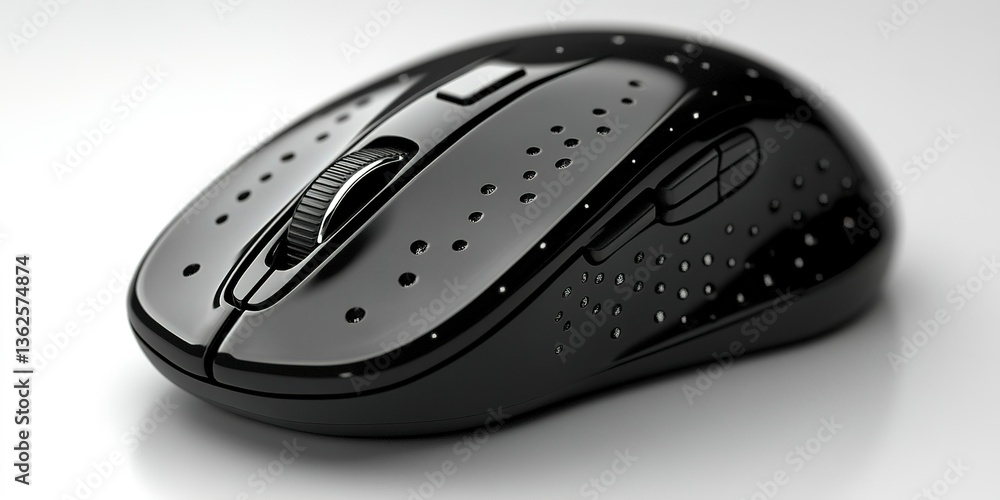 Poster stylish black computer mouse designed for ergonomic comfort and precision usage in office or gaming 