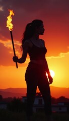 Obraz premium Silhouette of a young woman with burning torches against vibrant sunset sky, torch, warm light