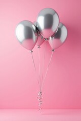 Silver balloons tied with ribbons float in pink pastel air , pink, silver
