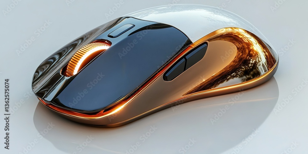 Poster elegant wireless computer mouse with sleek design and shimmering finish on a reflective surface