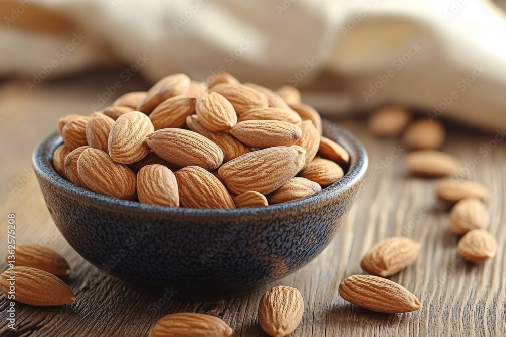Aufkleber fresh almonds in a rustic bowl on a wooden table surrounded by scattered nuts and natural light illu