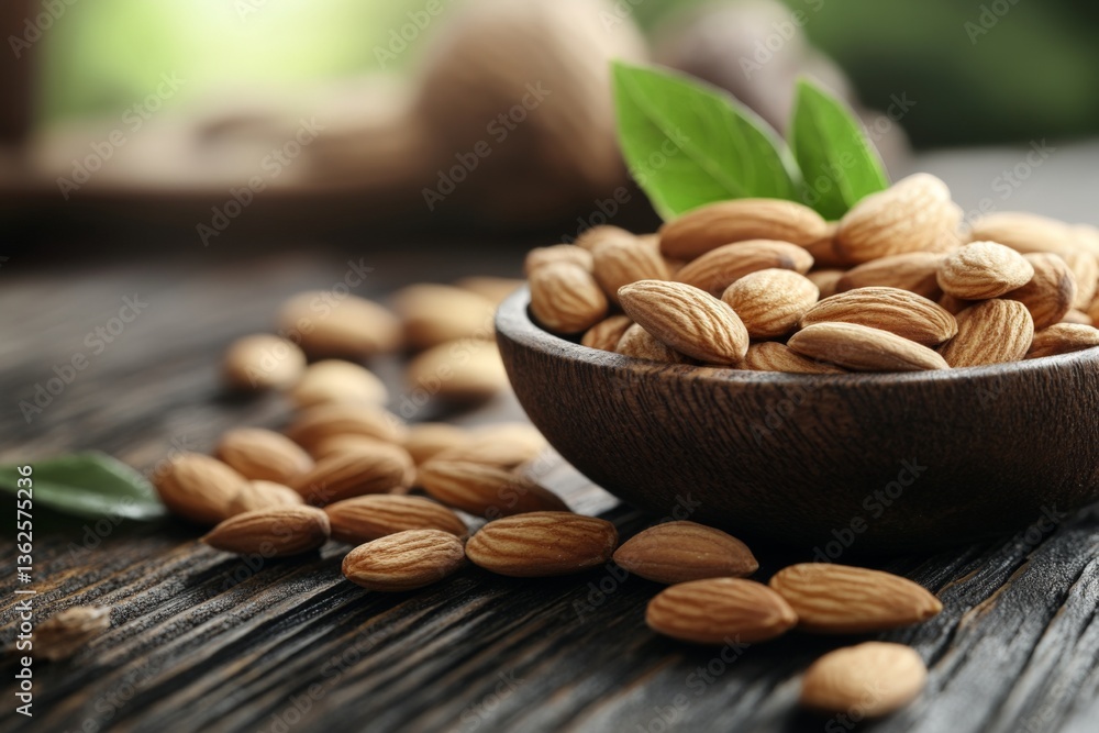 Poster almonds in a wooden bowl surrounded by scattered nuts on a rustic table