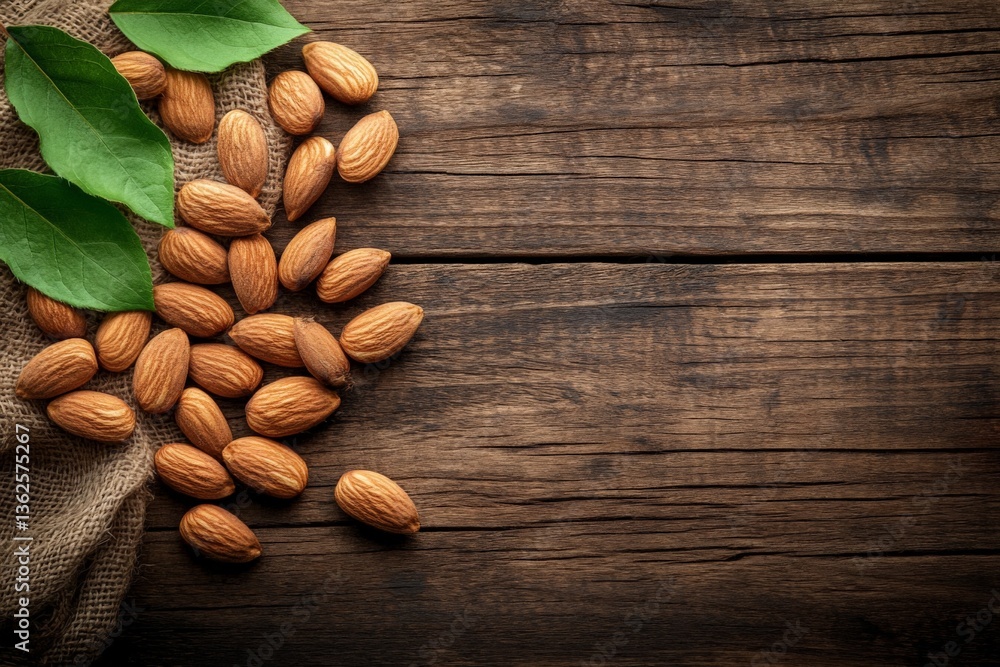 Poster Almonds and leaves arranged on a rustic wooden surface create a natural and earthy display