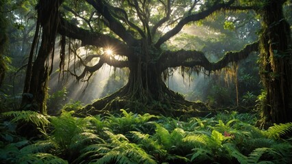 Fototapeta premium A majestic tree in a lush forest, illuminated by soft sunlight filtering through the leaves.