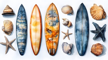 Coastal watercolor surfboard set with seashells starfish and vibrant beach tones artistic summer design illustration