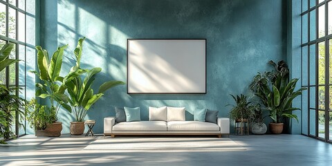 Bright and airy living room with a modern couch and lush green plants in a spacious setting