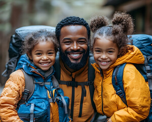 Happy father and daughters hiking with backpacks, smiling in nature