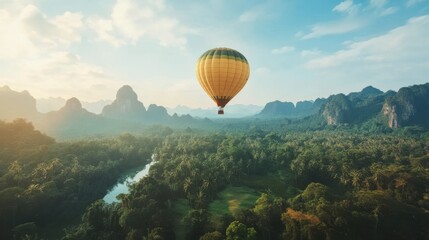 Naklejka premium Scenic View of Hot Air Balloon Over Lush Green Valley with Mountains and River in Background