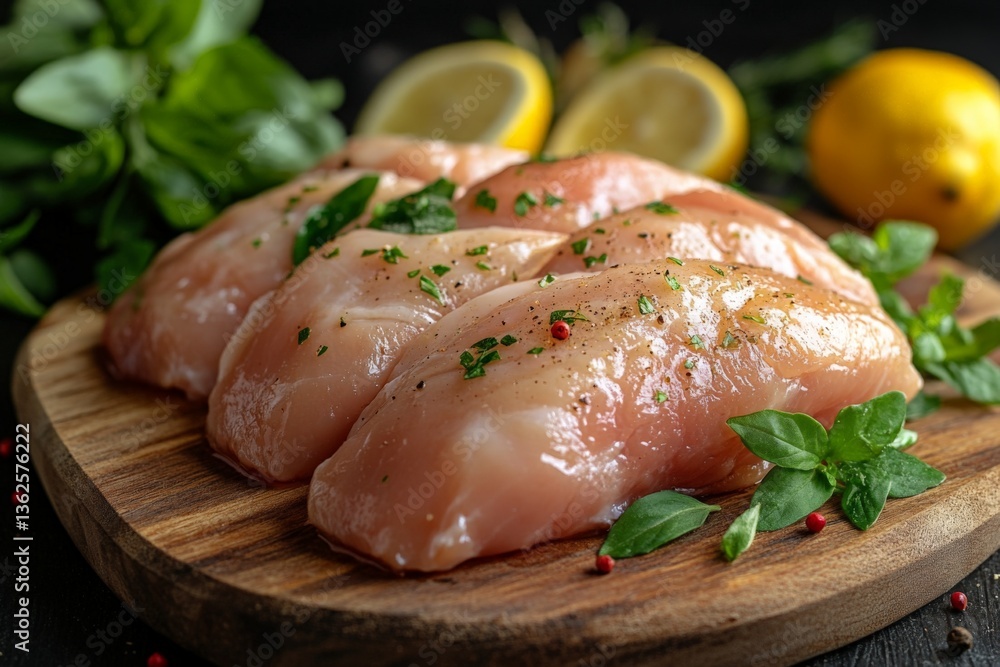 Poster fresh chicken breasts with herbs and lemon on a wooden cutting board ready for cooking in a rustic k