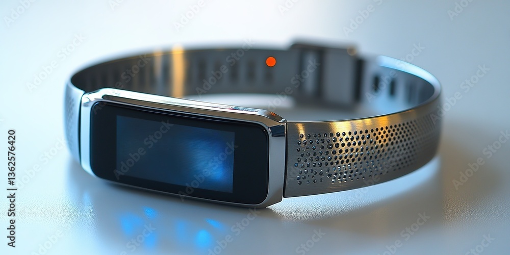 Poster smart fitness tracker resting on a smooth surface with a reflective design and digital display