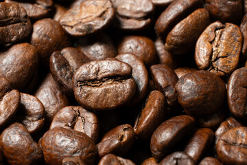 Organic coffee beans detailed texture close up