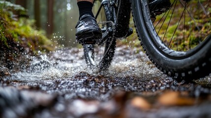 Mountain biker navigating a shallow stream.  Close-up of a cyclist's foot and tire splashing through a puddle in a forest trail